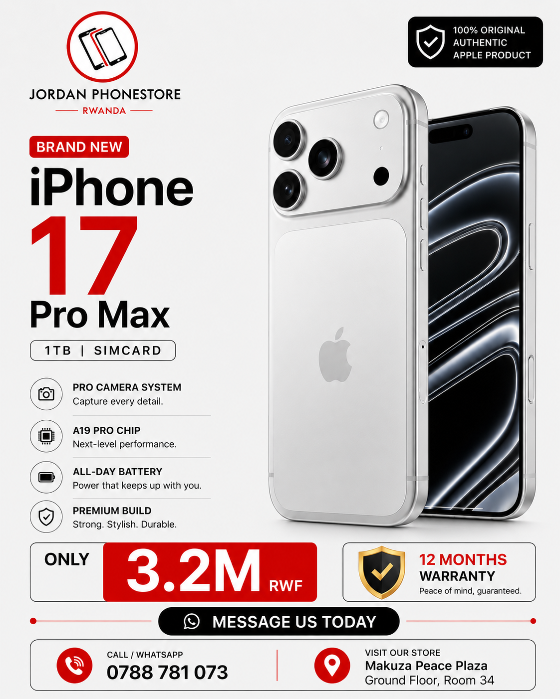 Jordan Phone Store Rwanda Facebook ad: Brand New iPhone 17 Pro Max