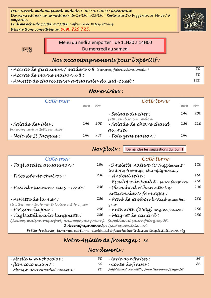 Le MISTY Restaurant Facebook ad: Plats à emporter de qualité le midi.