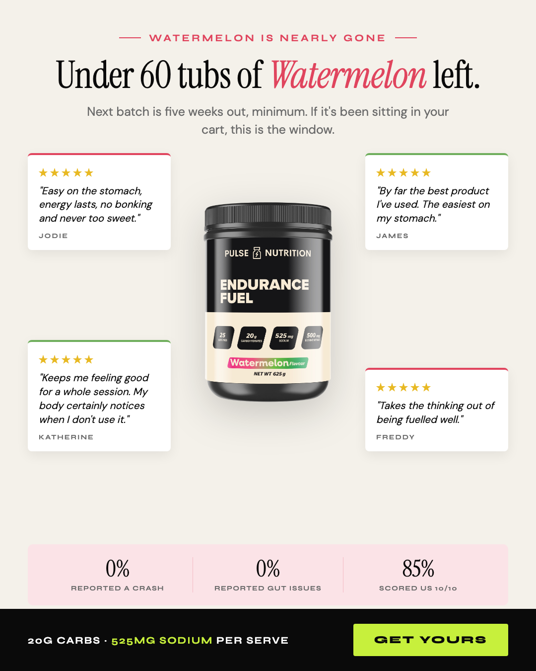 Pulse Nutrition Facebook ad: Under 60 Tubs Left