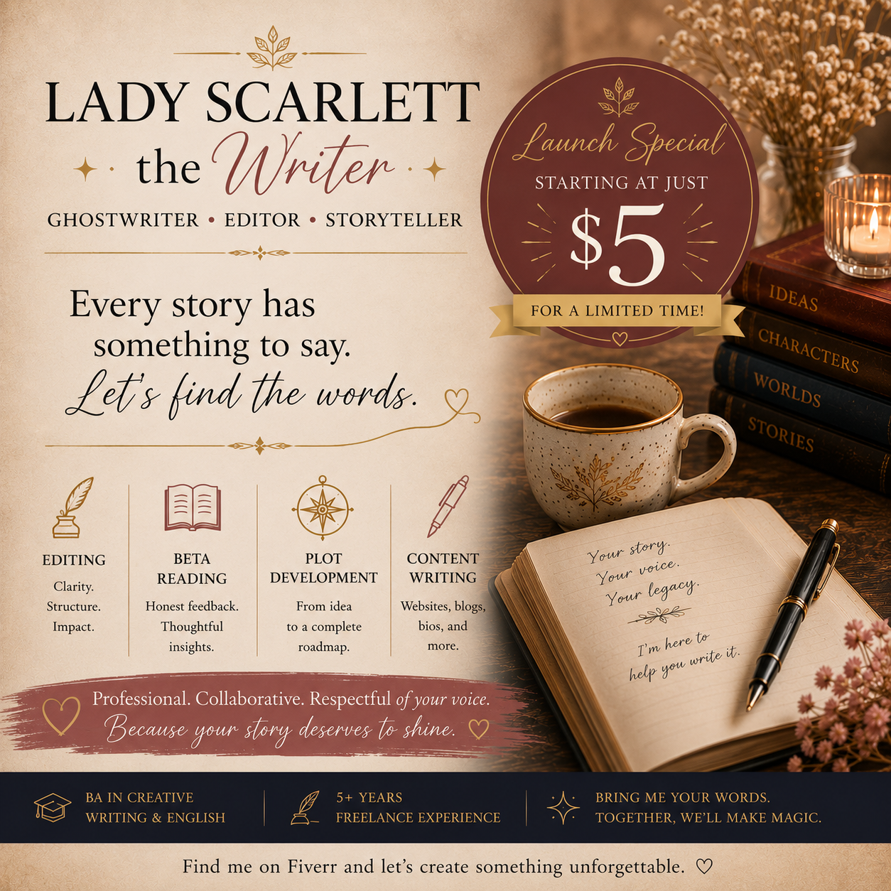 Lady Scarlett the Writer Facebook ad: Ghostwriter • Editor • Storyteller ✦ I help…