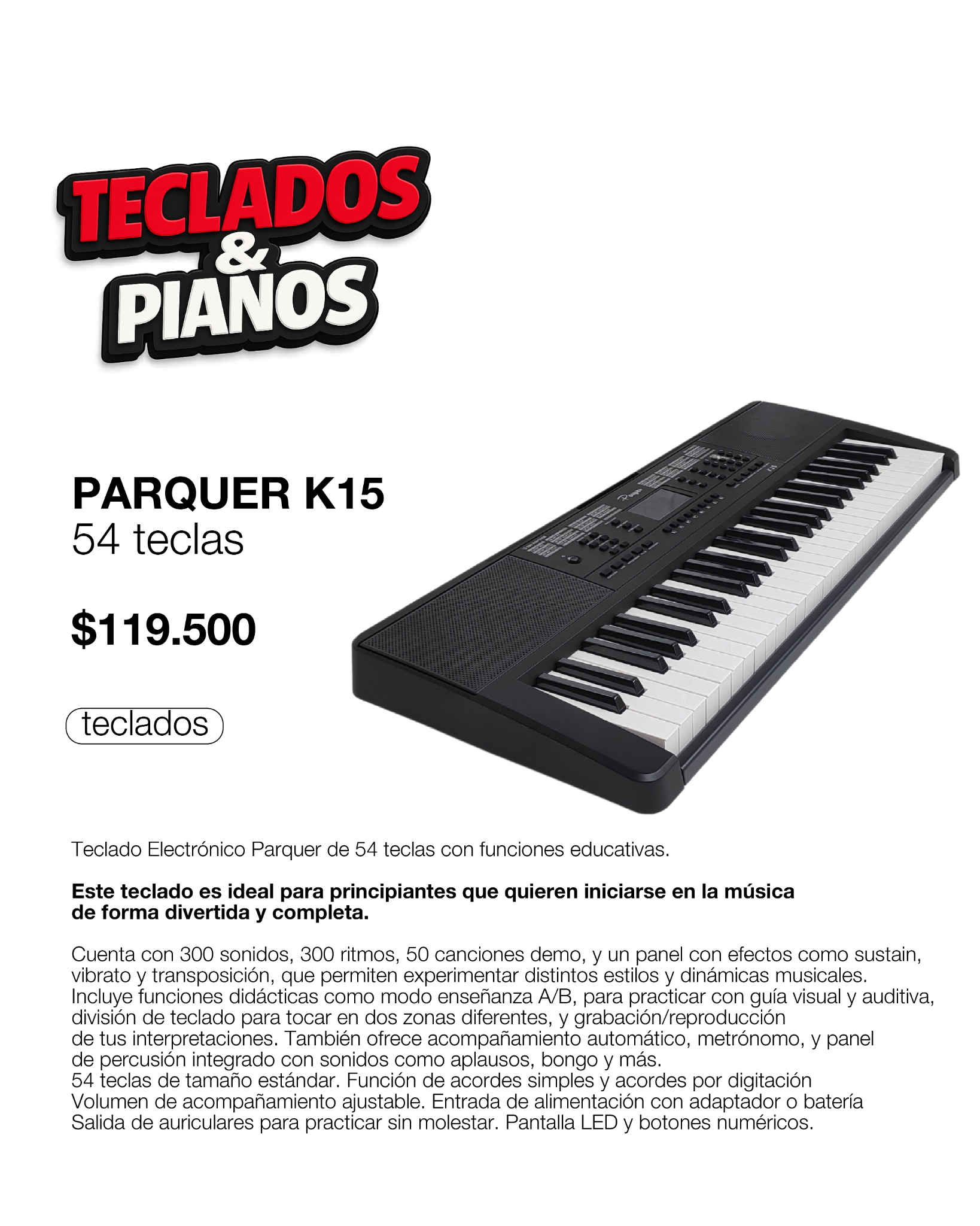 ABC Music Shop Facebook ad: Llegaron nuevos modelos de teclados y pianos eléctricos.