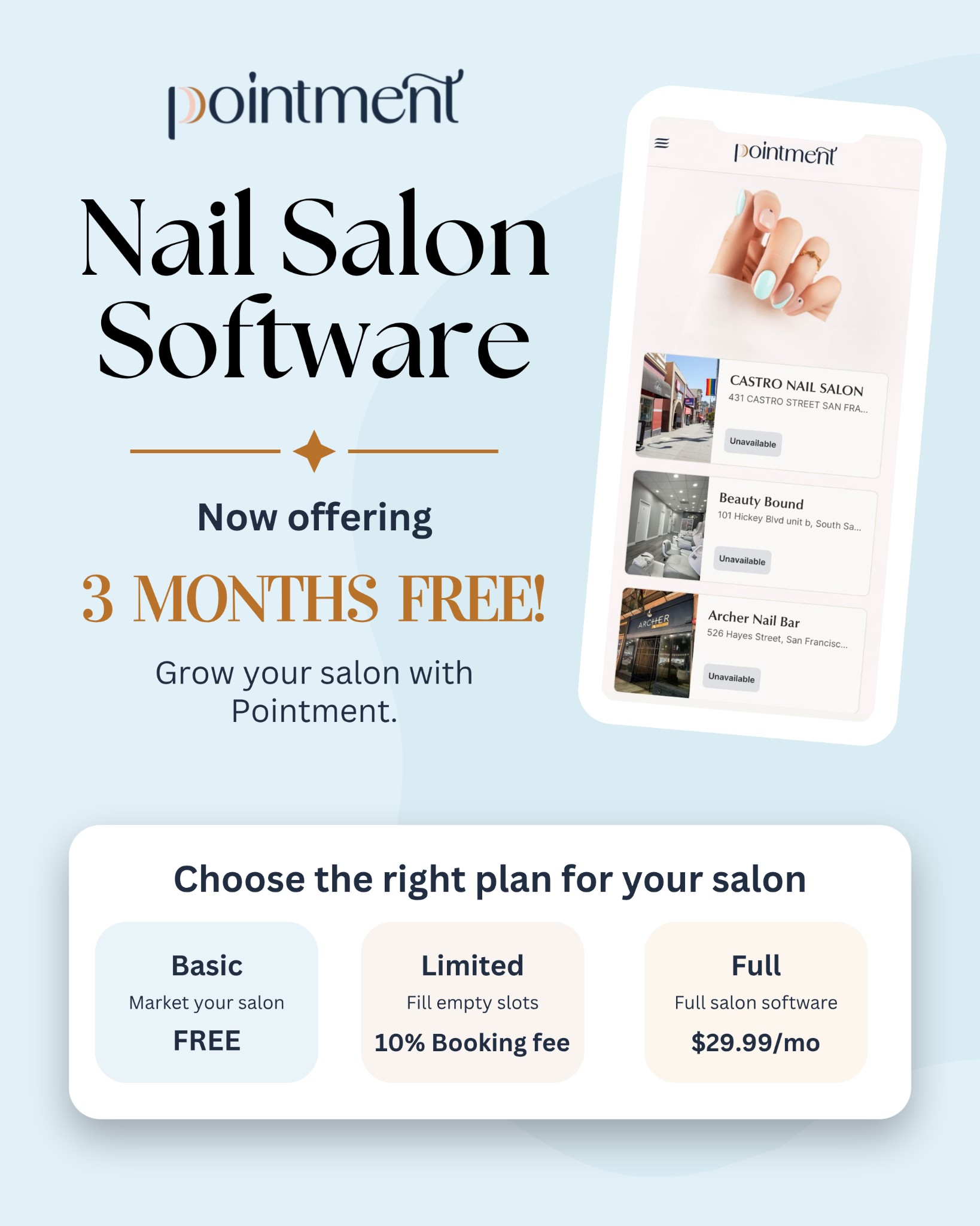 Pointment Facebook ad: Pick Your Plan, First 3 Months Free