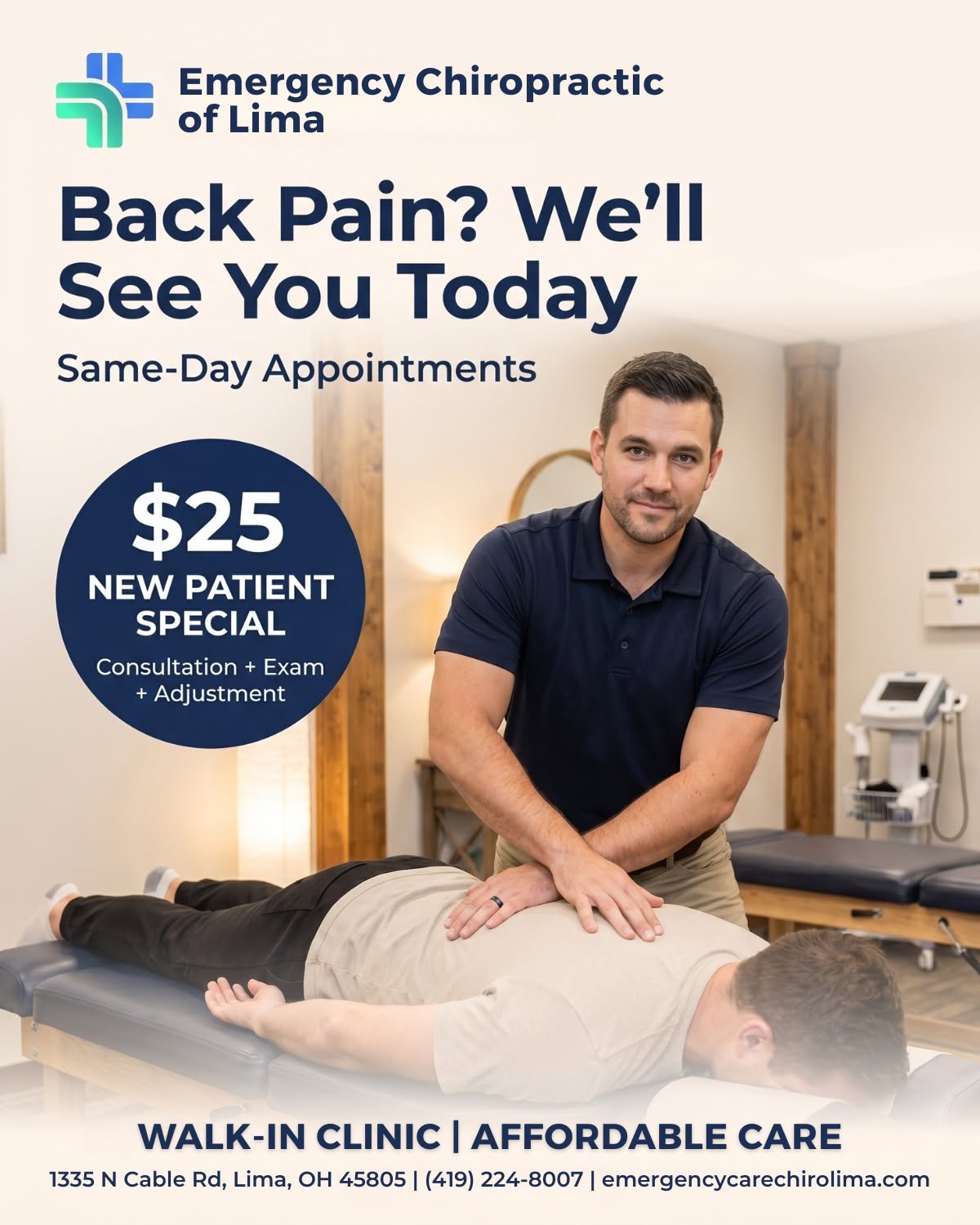 Walk-In Emergency Chiropractic Clinic Lima Facebook ad: $25 New Patient Special | Emergency Chiropractic of Lima