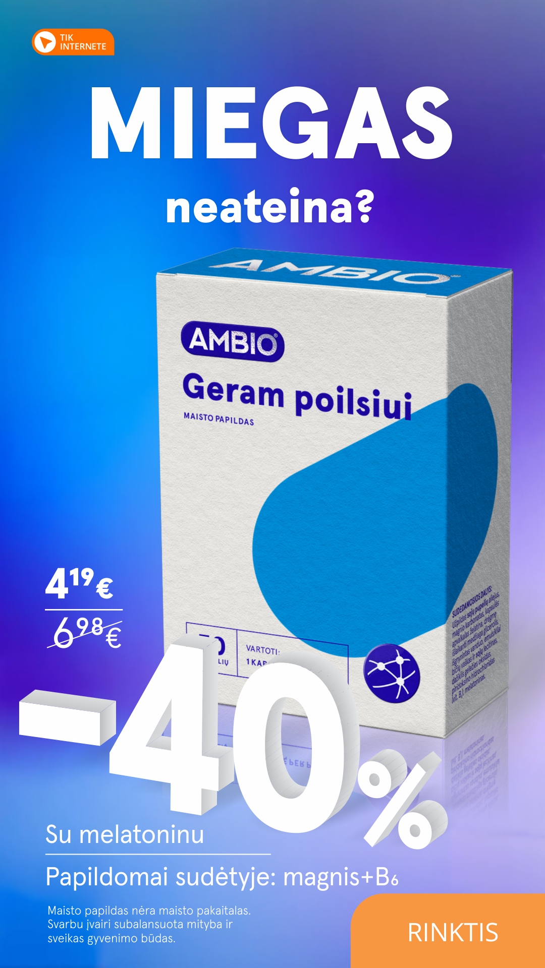Gintarinė Vaistinė Facebook ad: Melatoninas + magnis + B6