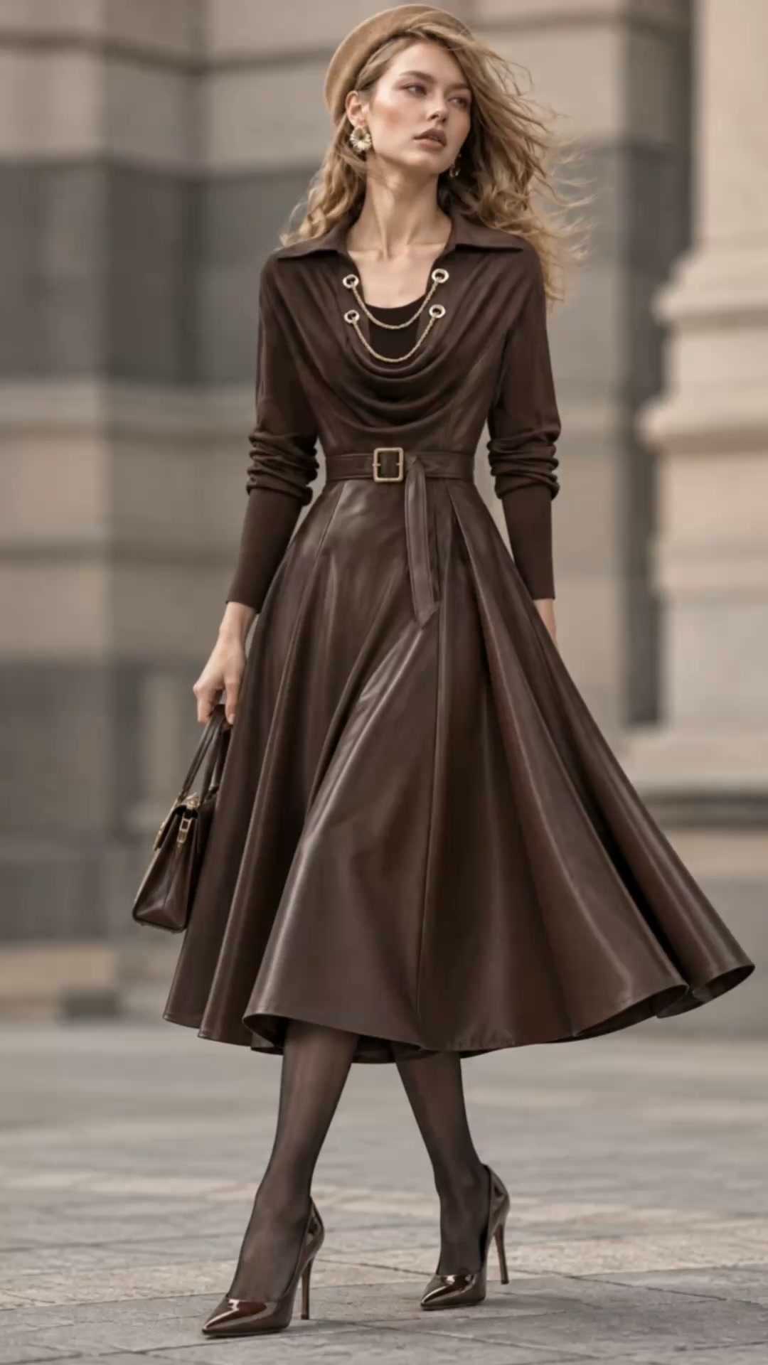 Vionva Facebook ad: Elegant Cowl-Neck PU Spliced Midi Dress
