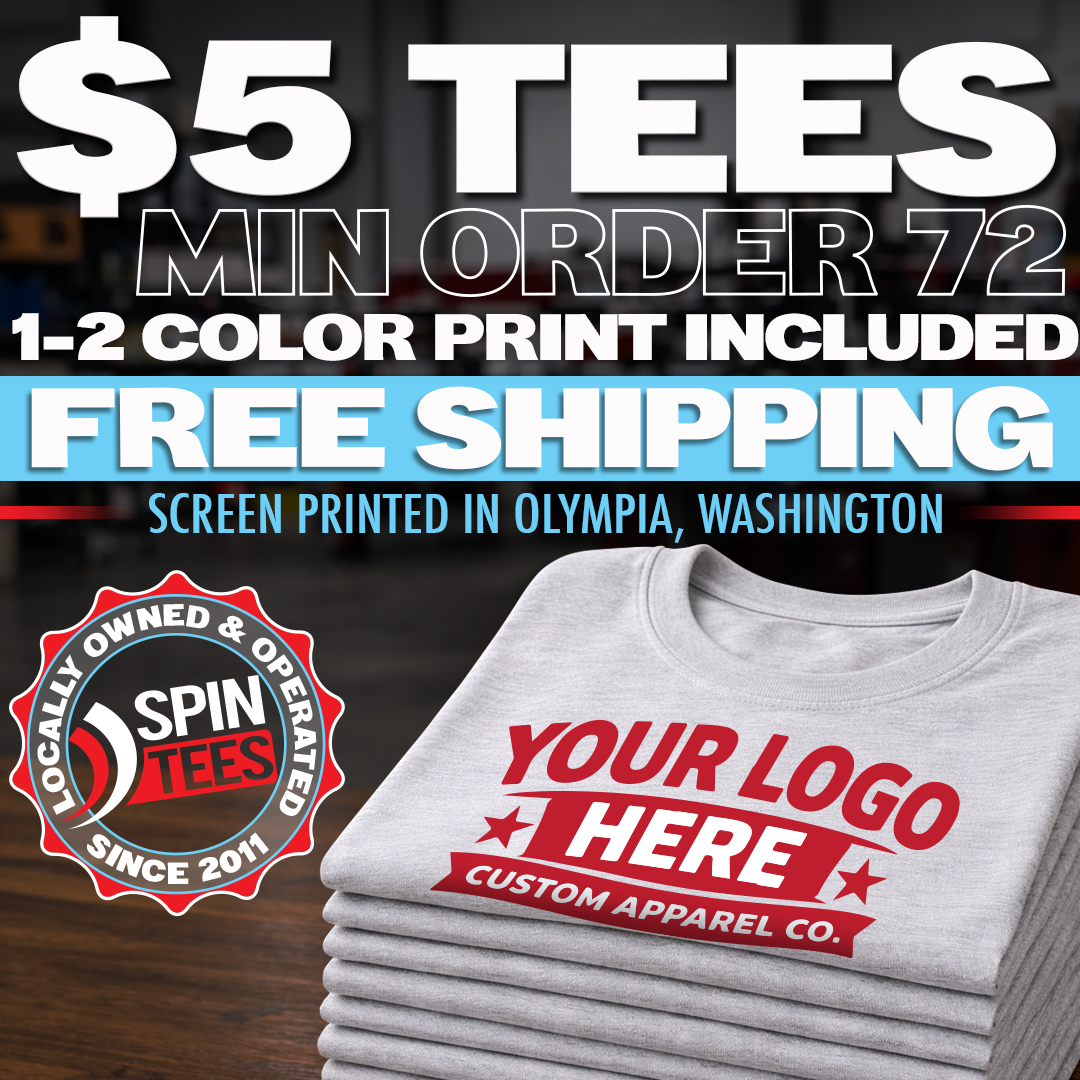 Spin Tees Screen Printing & Embroidery Facebook ad: 72+ shirts • 1-2 color print included • Free shipping