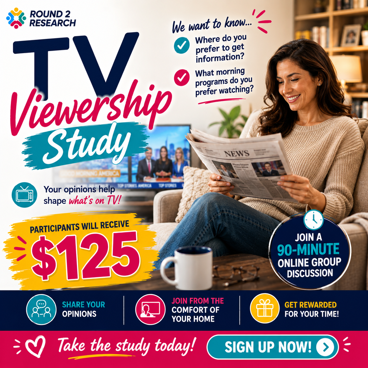 Round2Research Facebook ad: TV Viewership Study - $125 Reward