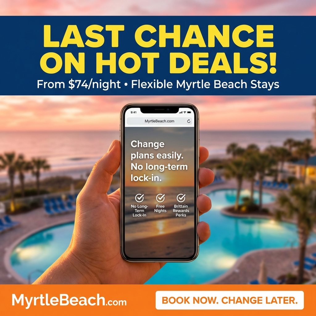MyrtleBeach.com Facebook ad: Crown Reef: Save 45% + $100 Food Credit!