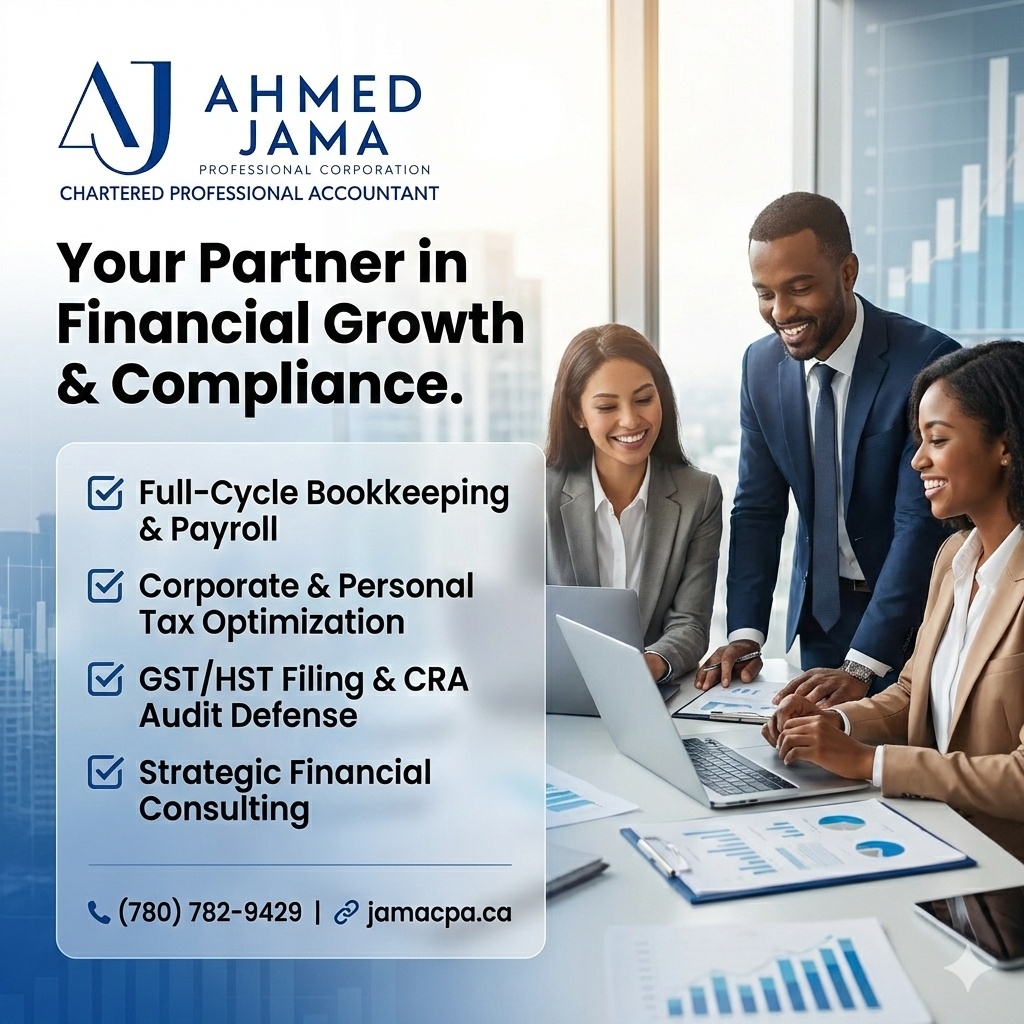 Ahmed Jama Professional Corporation, Chartered Professional Accountant Facebook ad: Whether it's personal, self-employed or corporate taxes…