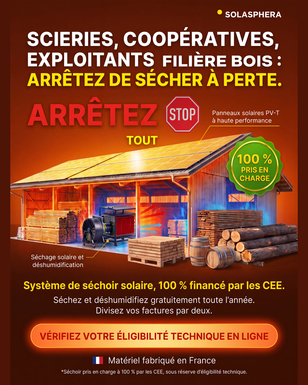 Accompagnement Transition Énergétique Facebook ad: Séchoir solaire 100 % financé par les CEE*