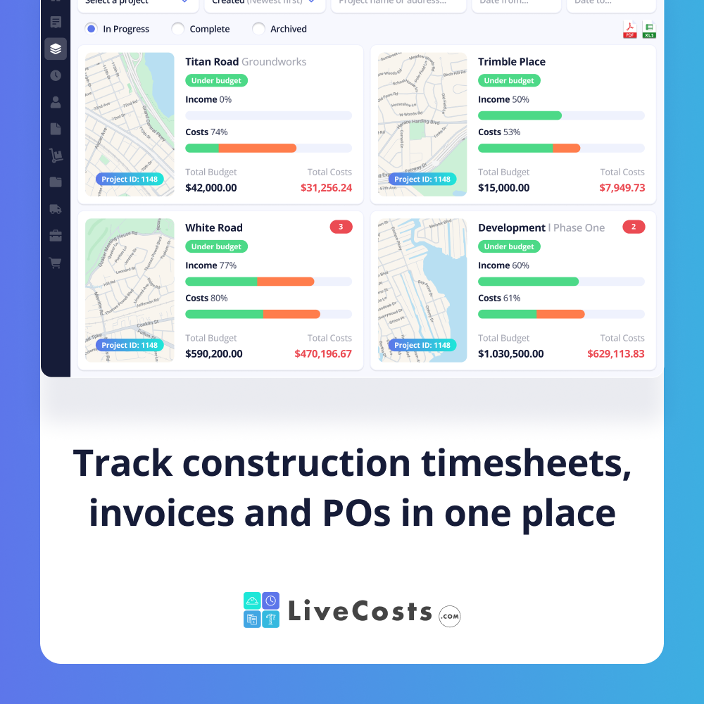 LiveCosts.com Facebook ad: Track timesheets, invoices and POs in one place.
