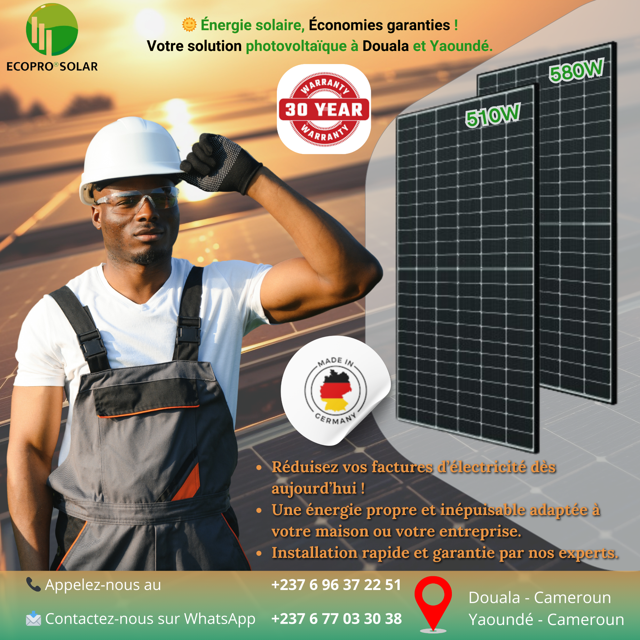 Ecopro Facebook ad: ECOPRO, Énergie solaire, Économies garanties!