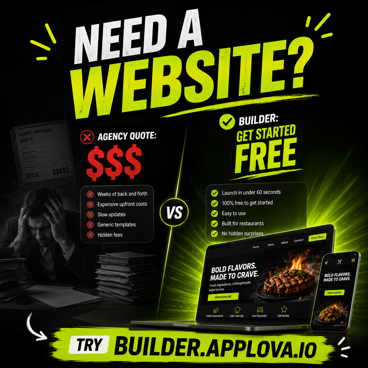 Applova.io Facebook ad: Your Restaurant Website, Built in 60 Seconds