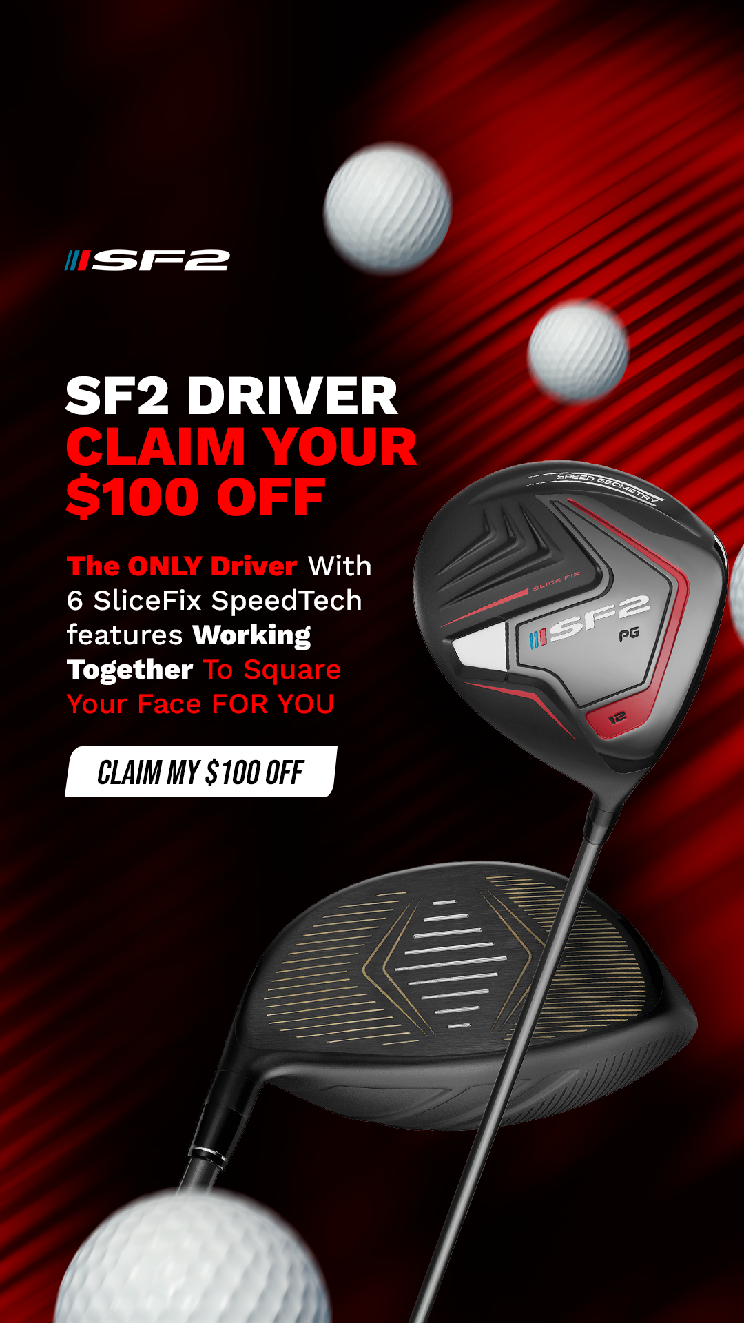 Performance Golf Facebook ad: New SF2 driver fixes slices instantly