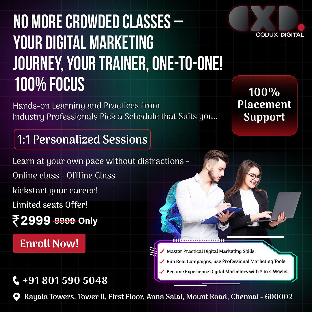Codux Digital Facebook ad: No Crowd, Only Focus, 1:1 Digital Marketing Training