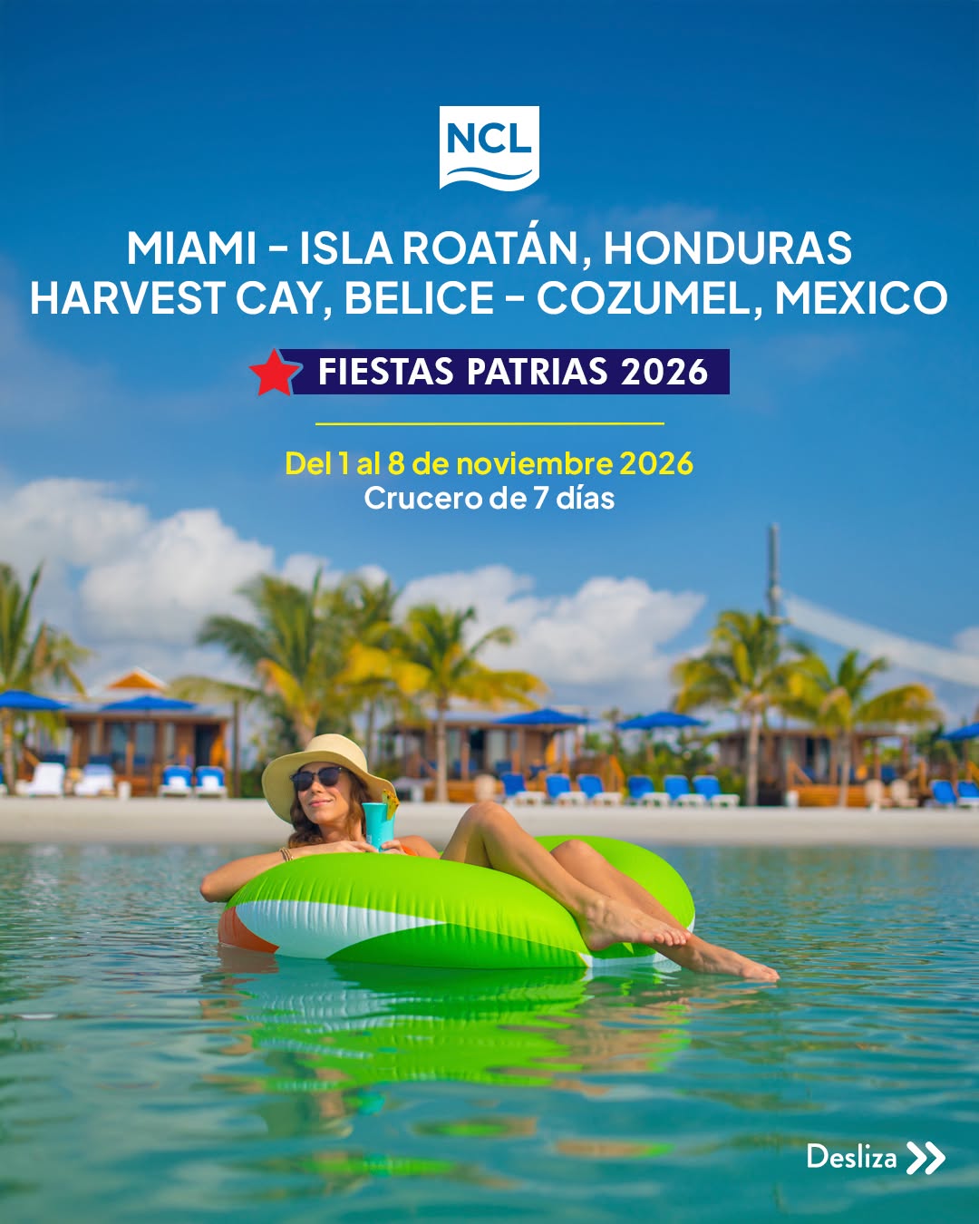 Columbia Tours Facebook ad: Disfruta en familia una escapada tropical desde Miami.
