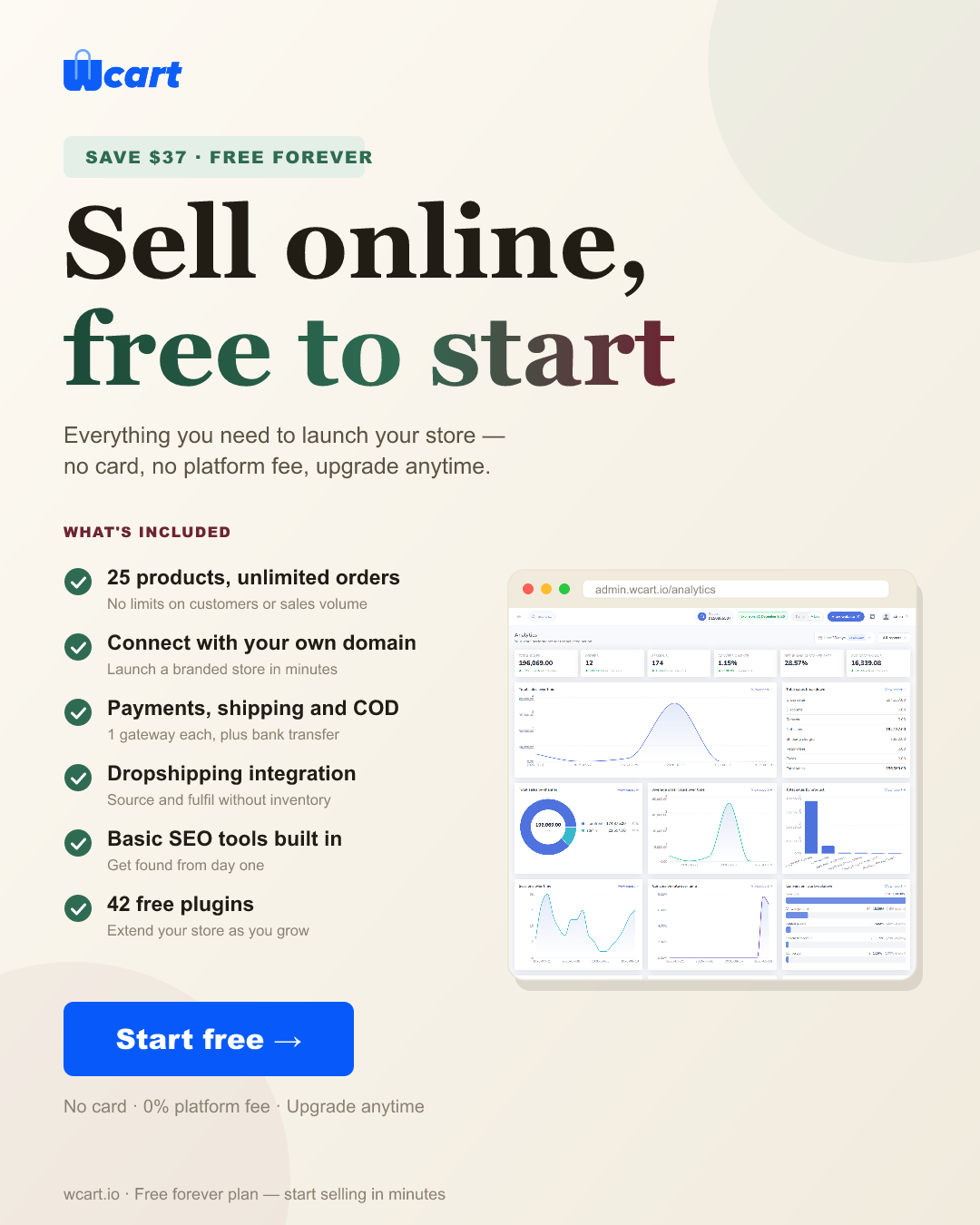 Wcart Facebook ad: Start Selling Online Free, No Trial, No Monthly Fees