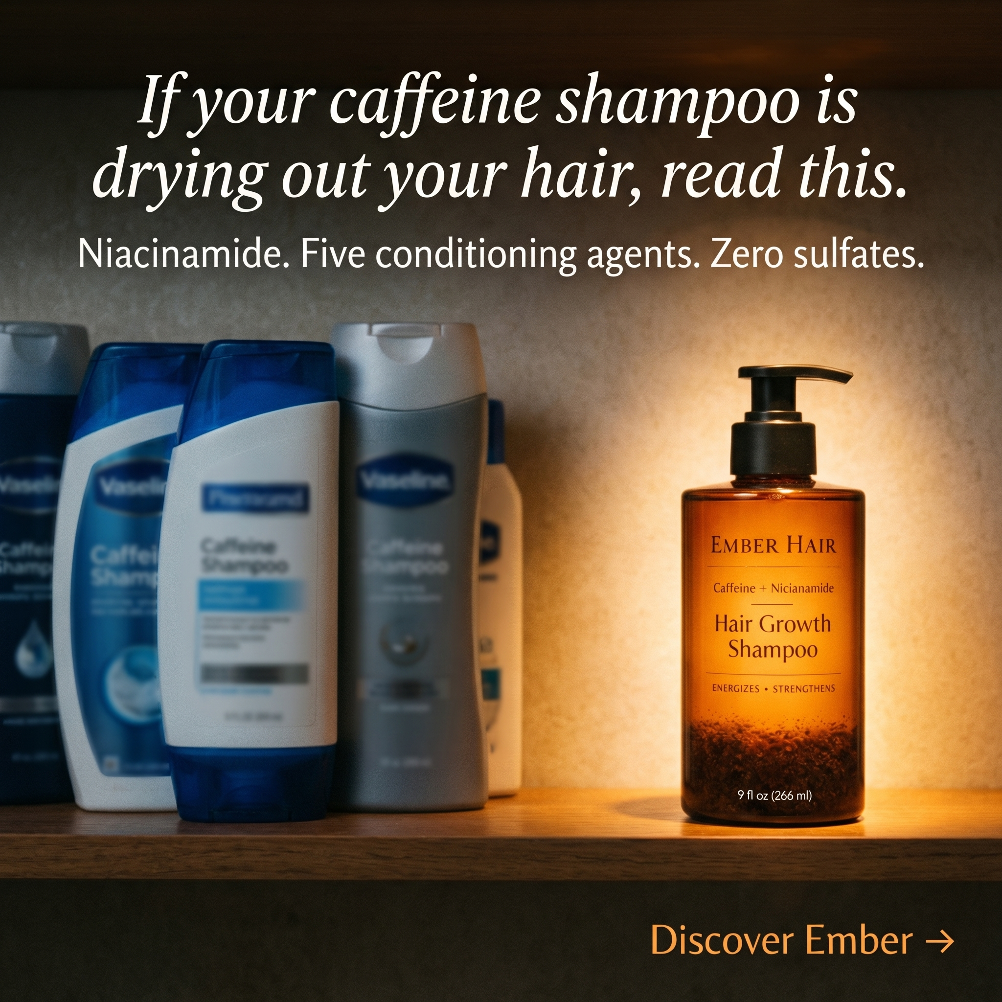 Ember Hair Co. Facebook ad: #1 Complaint About Caffeine Shampoo Fixed