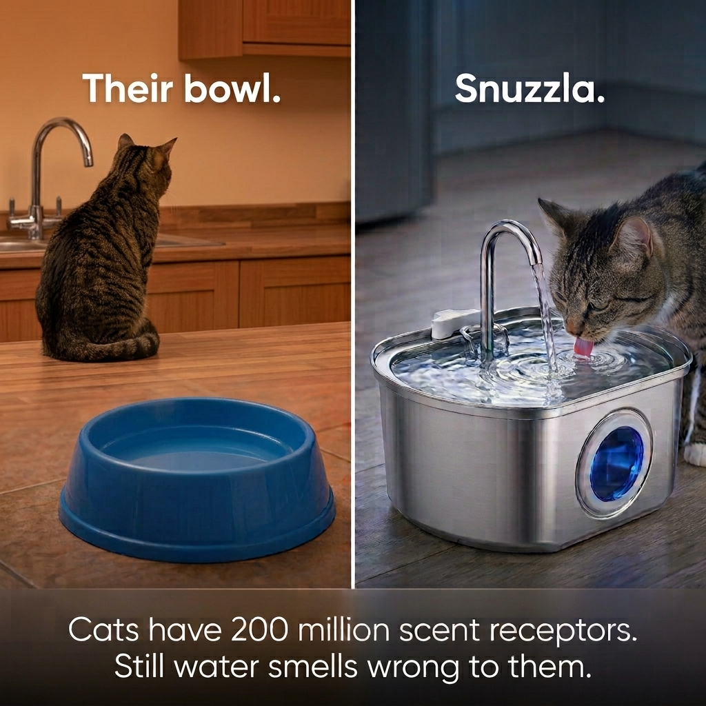 Snuzzla Facebook ad: Still Water Smells Wrong To Your Cat. That's Why She Won't…