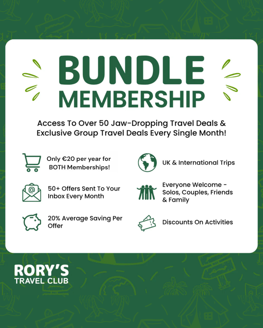 Rory’s Travel Club Facebook ad: Two Memberships. One Incredible Deal.