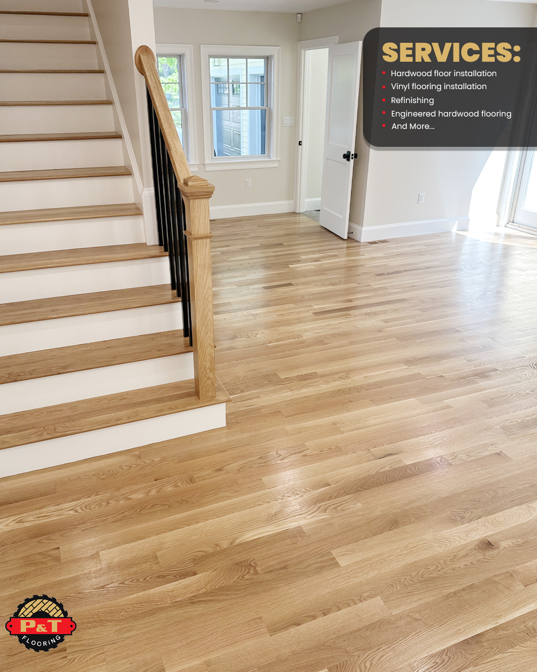 P & T flooring Hardwood Floor Installation & Refinishing Facebook ad: Combining living room and stairs flooring requires…