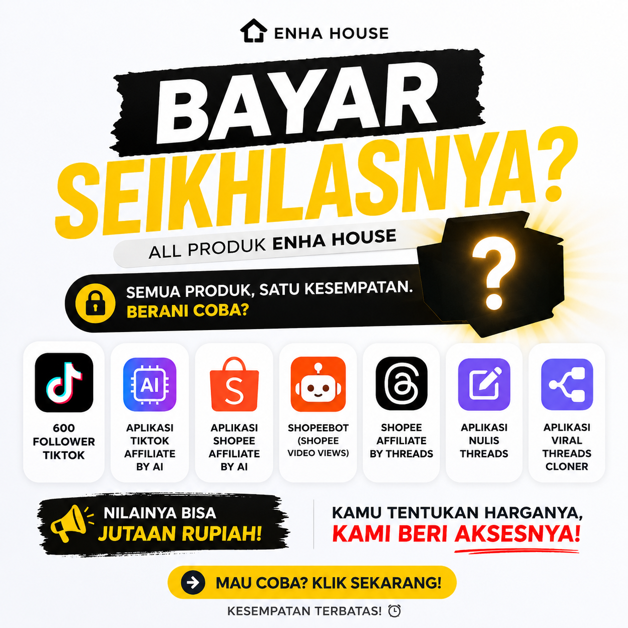 EnHa House Facebook ad: Bayar Seikhlasnya, 7 Produk Digital Enha House
