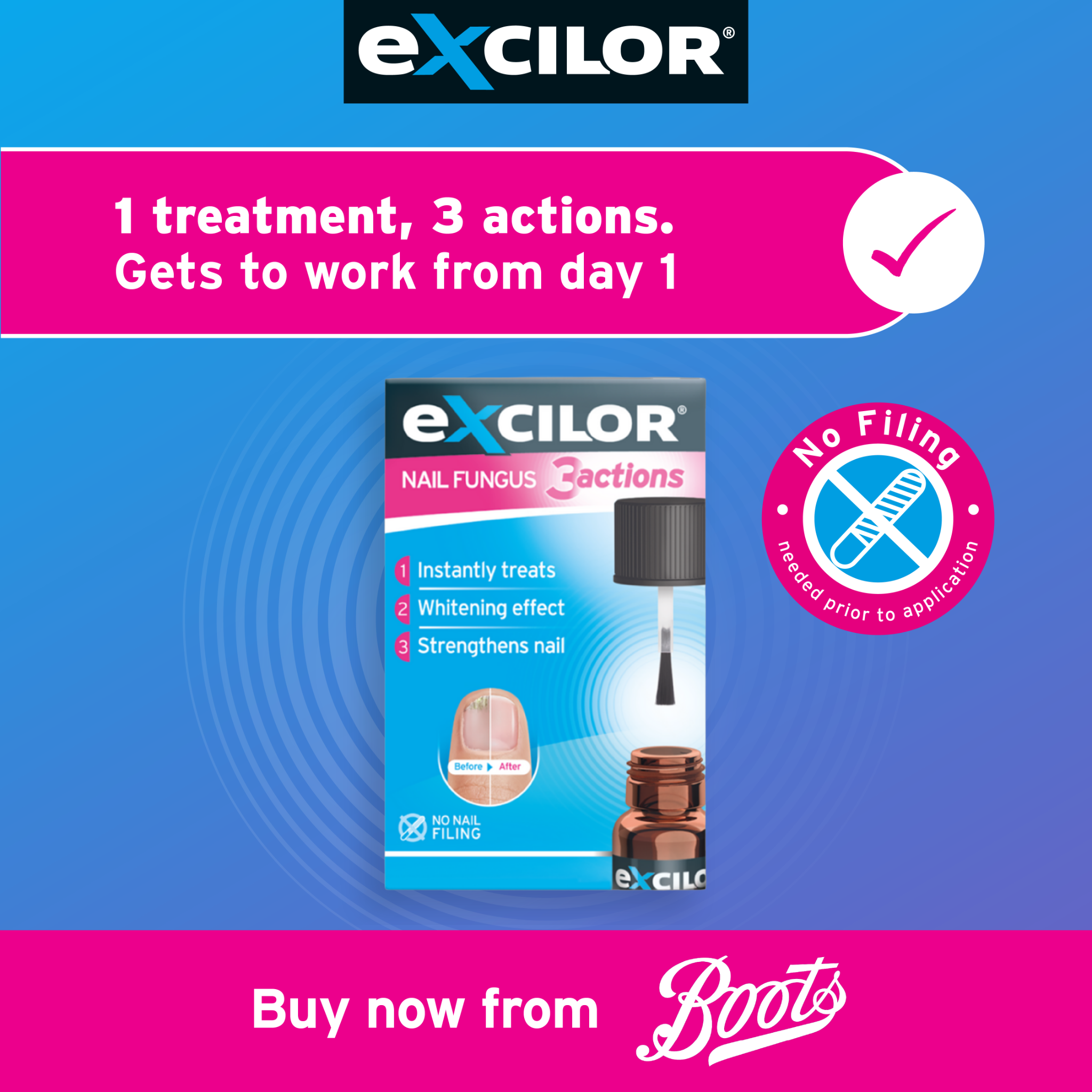 Excilor UK Facebook ad: Nail fungus? Try Excilor 3 Actions, clinically proven…