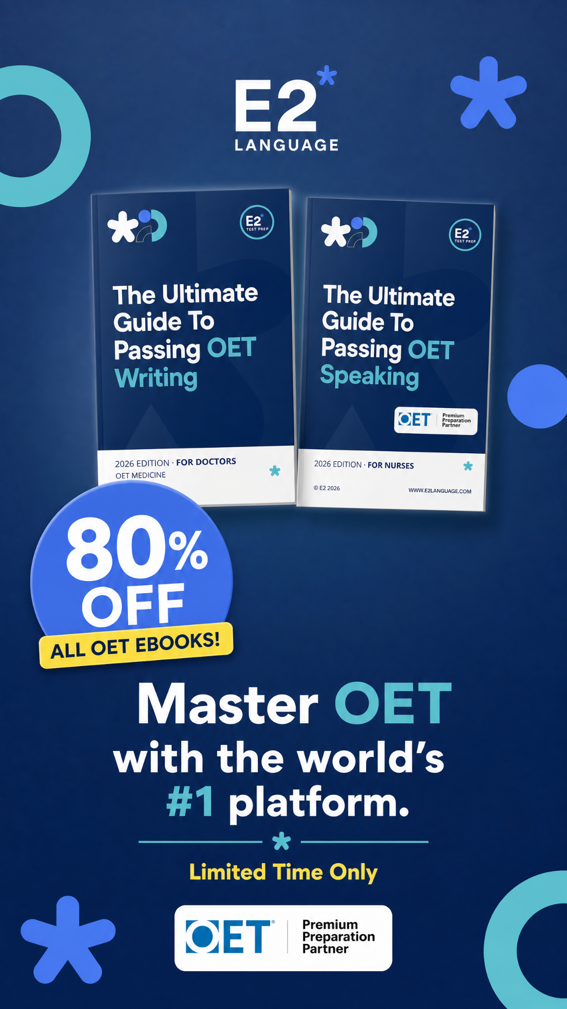 E2Language Facebook ad: Get 80% Off on all OET eBooks.
