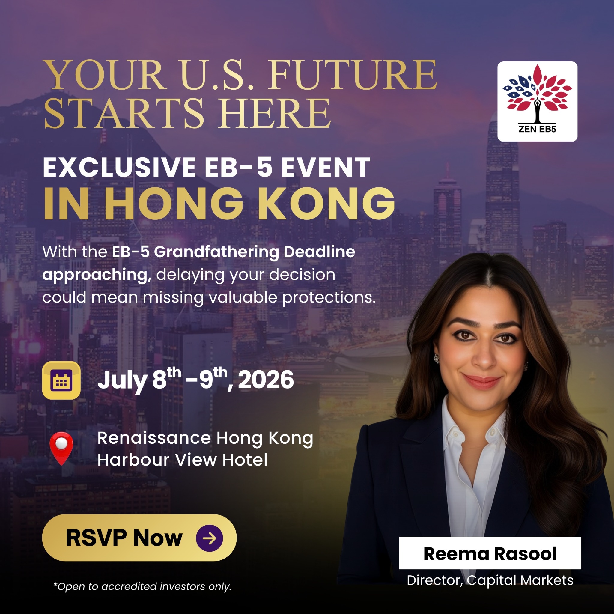 ZEN EB5 Facebook ad: Exclusive EB-5 Event in Hong Kong | RSVP Today