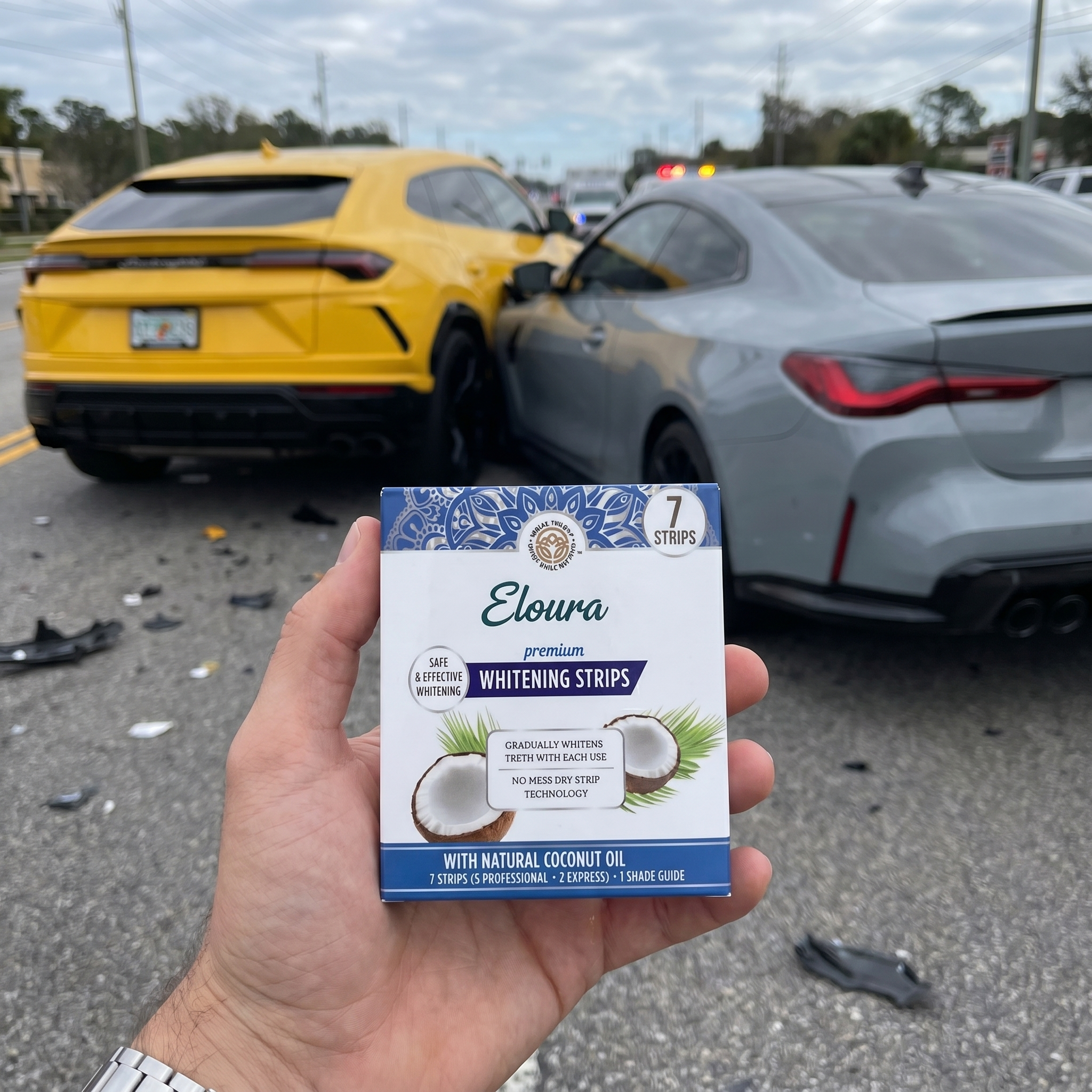 Sophia Flores Facebook ad: I crashed my car getting my teeth whitened.
