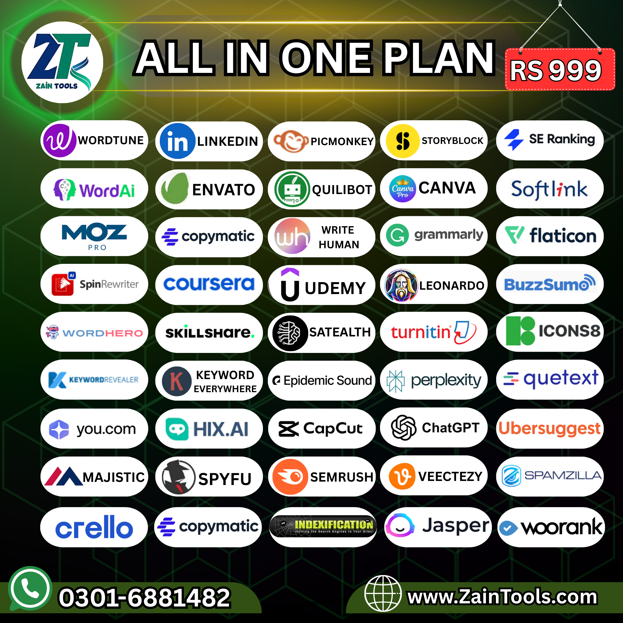 Zain Tools Facebook ad: All-in-One Plan, 65+ Premium Tools for Just Rs.999!