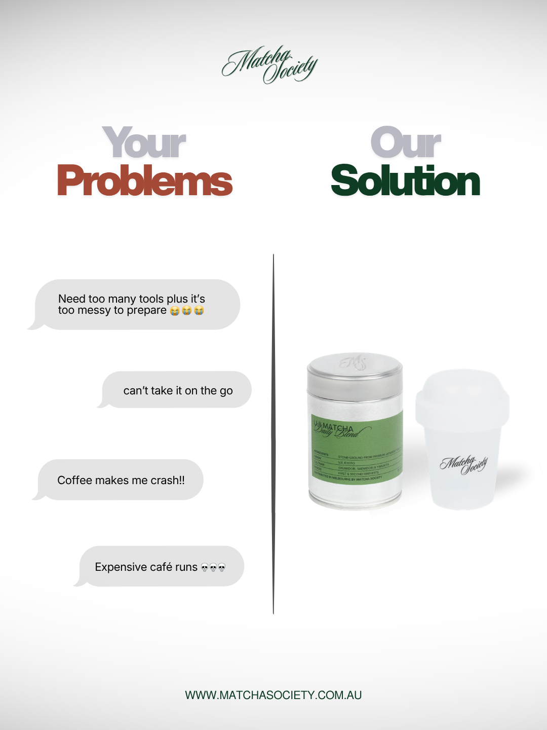 Matcha Society Facebook ad: Save 15% with code 'MATCHALOVE'.
