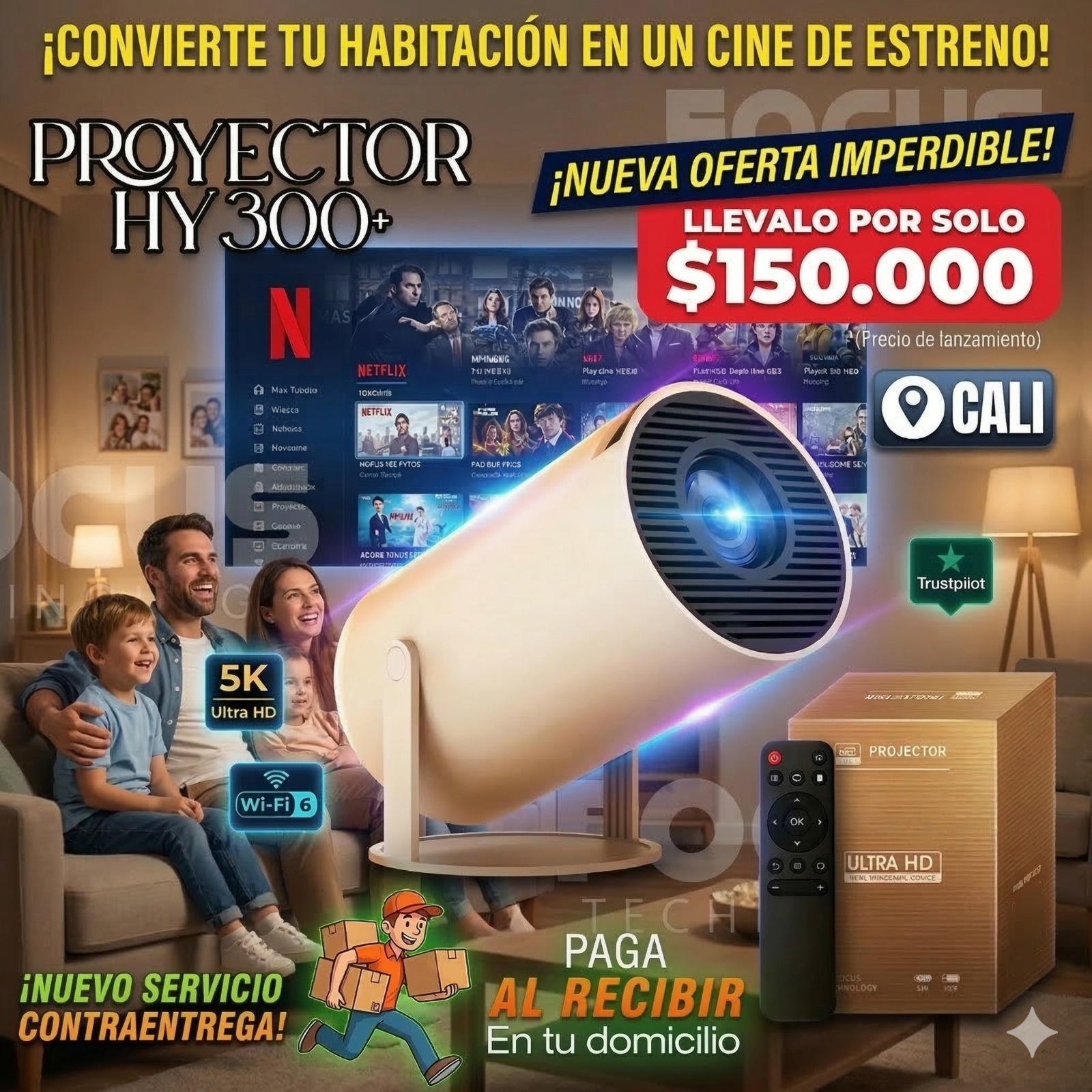 Focustech CALI Facebook ad: Convierte cualquier pared en un cine gigante en…