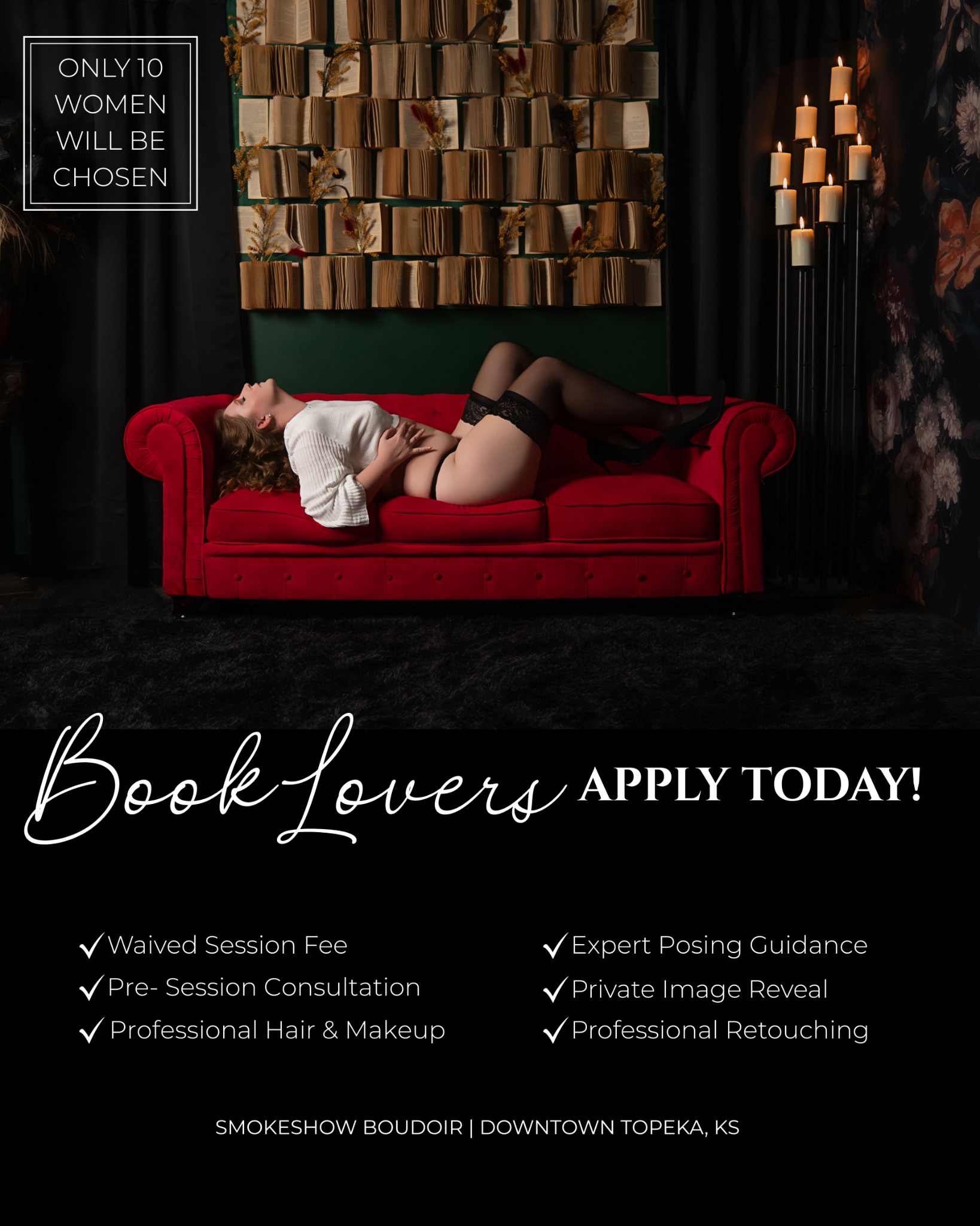 SmokeShow Boudoir Facebook ad: Apply For Our Book Lover Boudoir Experience!