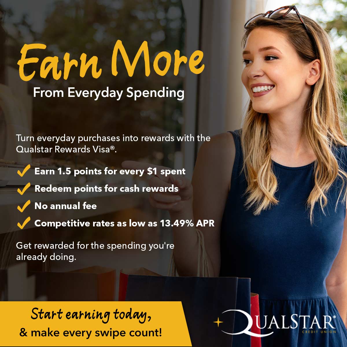 Qualstar Credit Union Facebook ad: Earn 1.5 Points Per $1