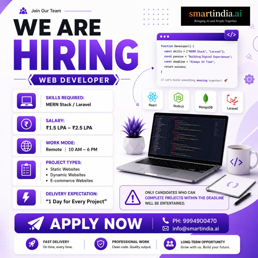 Smart India.Ai Facebook ad: Hiring Web Developers | MERN & Laravel Experts Wanted!