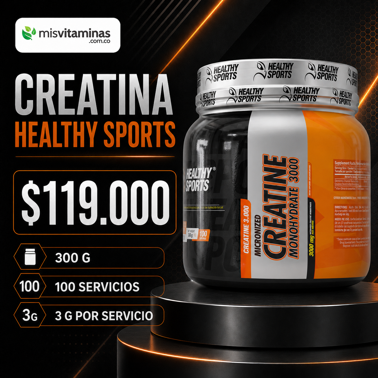 Mis Vitaminas Oficial Facebook ad: Healthy Sports Creatine 3000