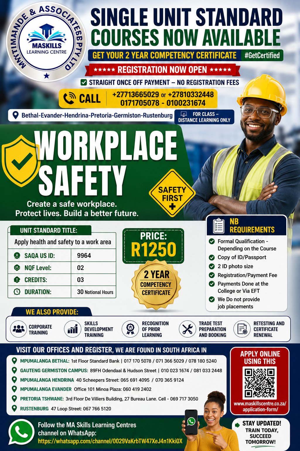 M A Skills Learning Centres Facebook ad: SINGLE UNIT STANDARD COURSES NOW AVAILABLE