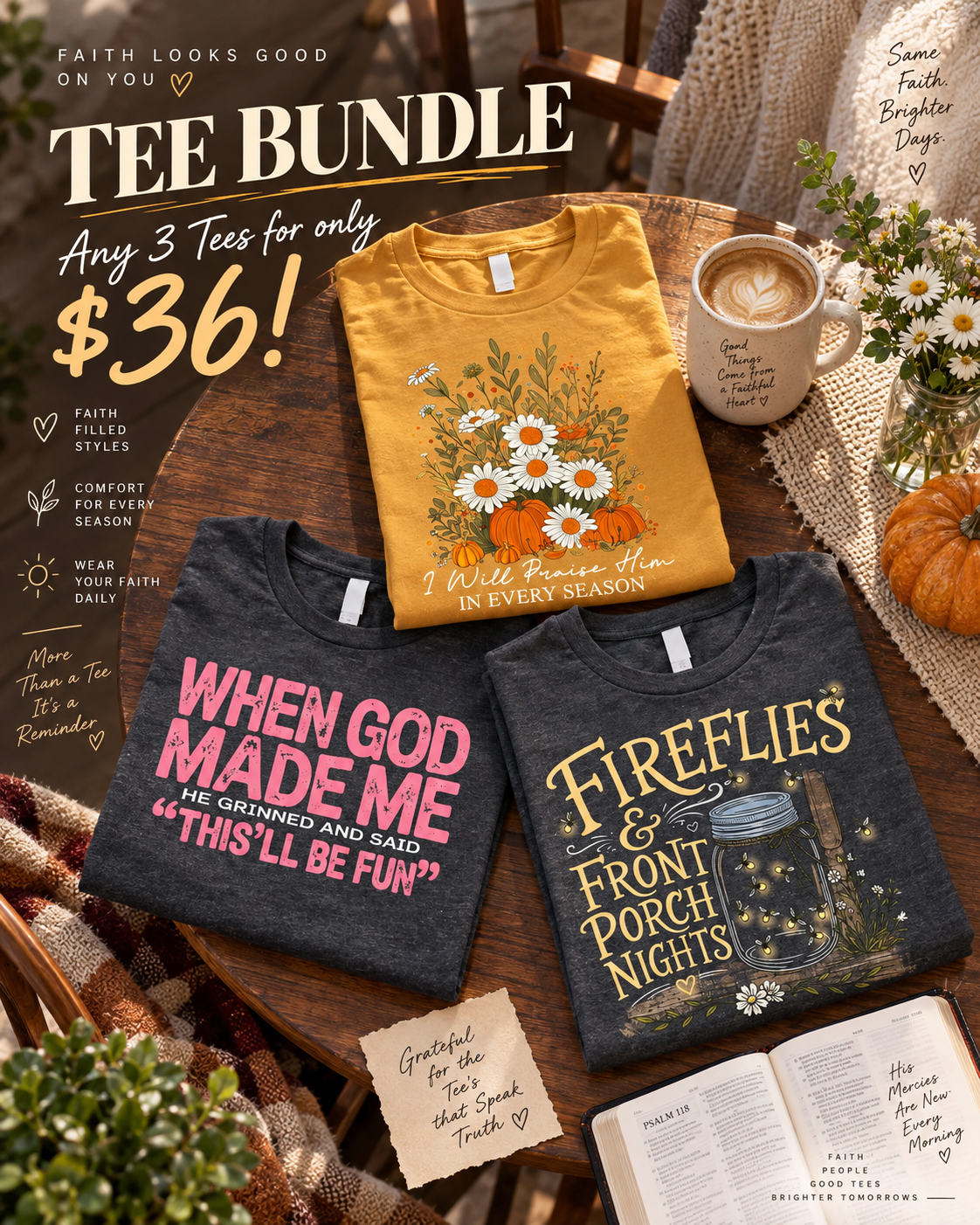 Love in Faith Facebook ad: 3 Tees. $36. Faith Never Goes Out of Style.