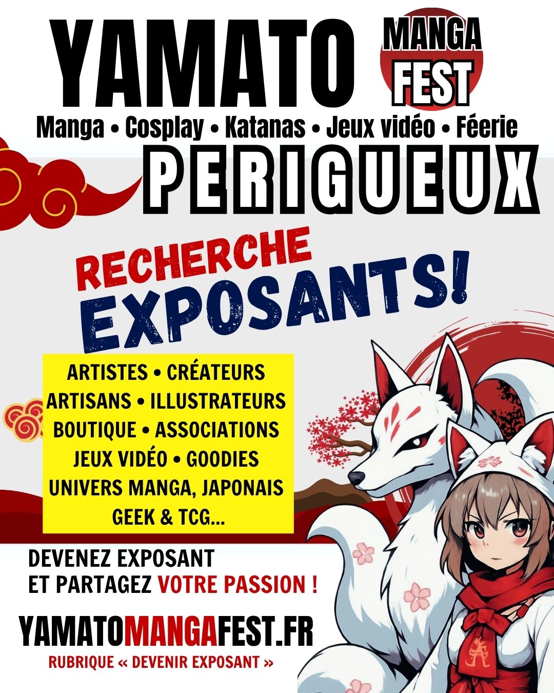 Yamato Manga Fest Facebook ad: **RECHERCHE EXPOSANTS, PÉRIGUEUX!**