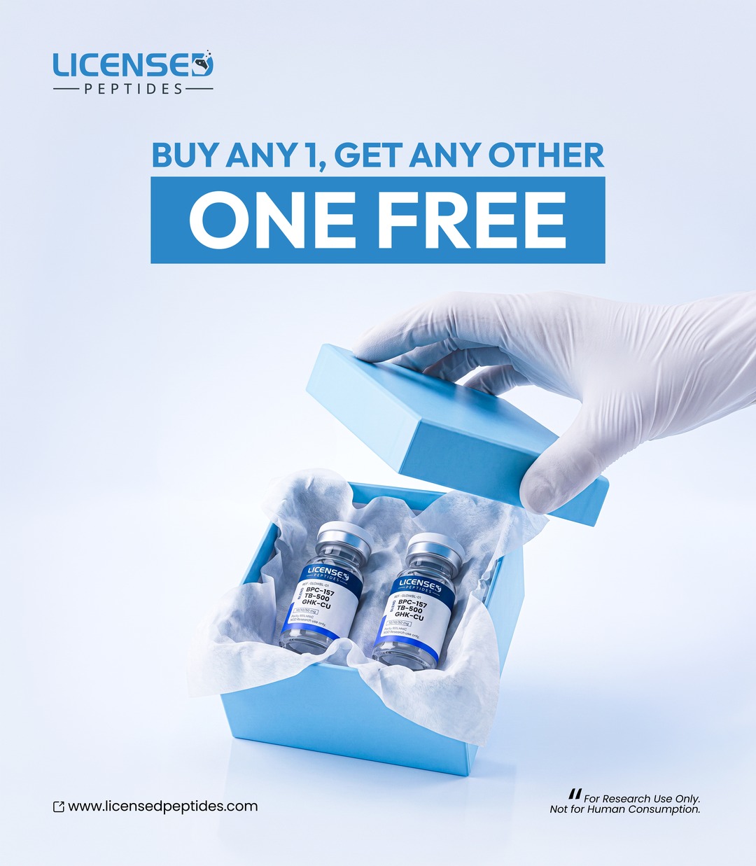 LicensedPeptides.com Facebook ad: 2 FOR 1, PICK ANY VIAL FREE