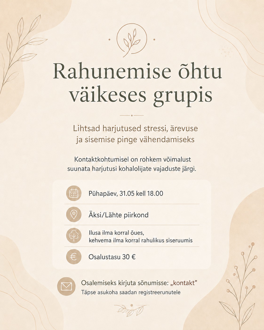 Jaanika Coaching + hüpnoteraapia Facebook ad: Rahunemise õhtu väikeses grupis