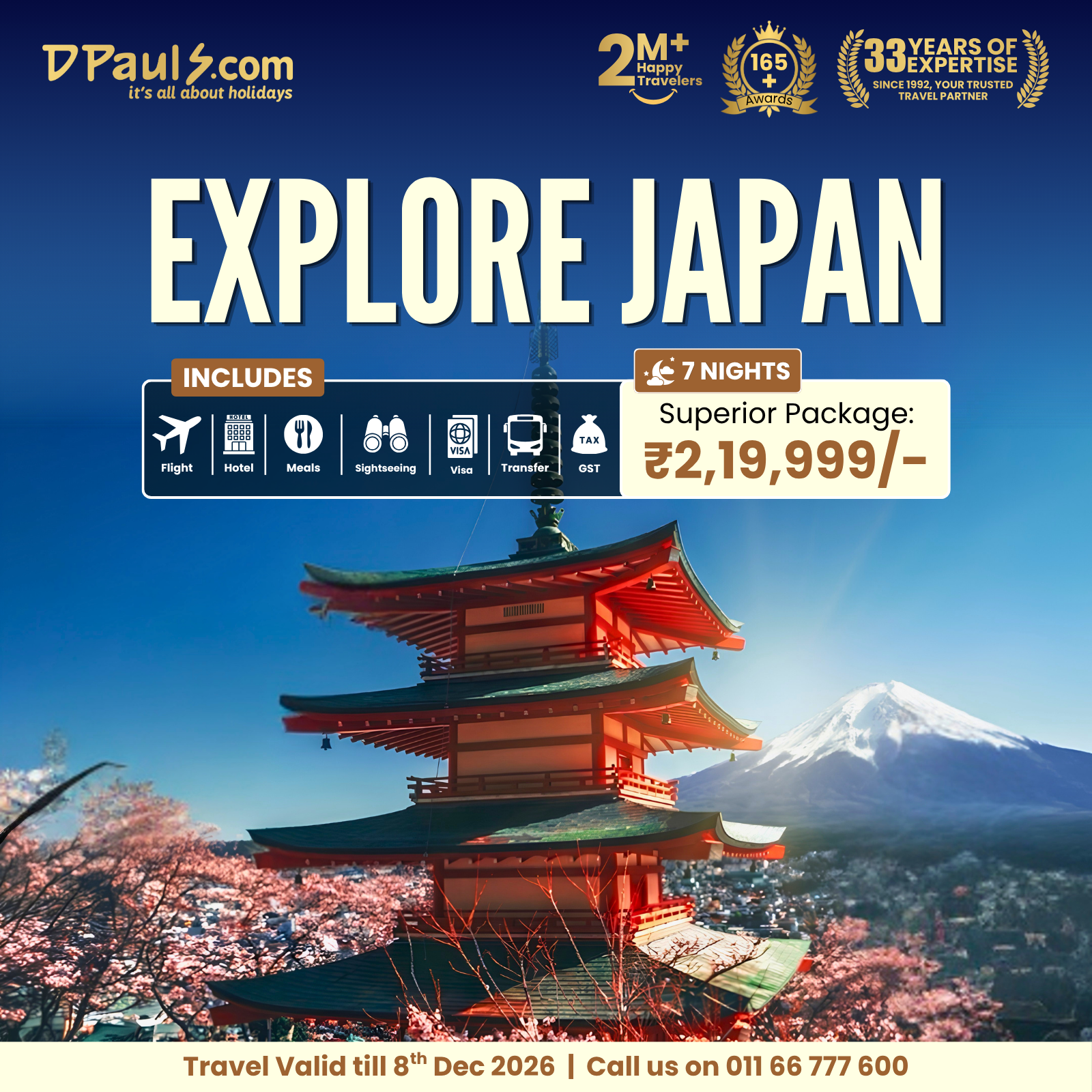 DPauls Travel & Tours Ltd Facebook ad: Explore Japan, 7 Nights from ₹2,19,999/-