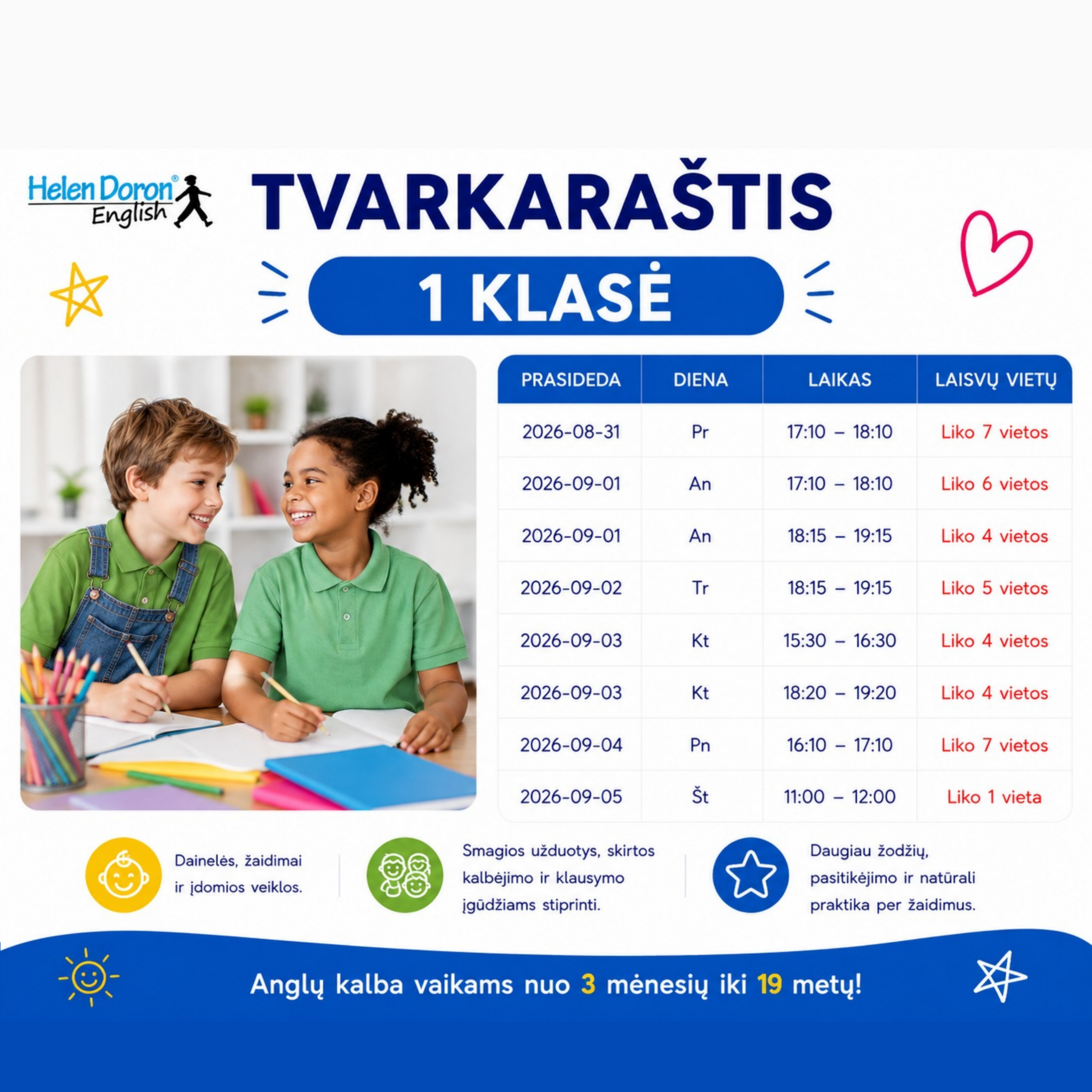 Helen Doron anglų kalbos mokykla - Kaunas Facebook ad: Rugsėjo anglų kalbos grupės moksleiviams jau formuojamos!