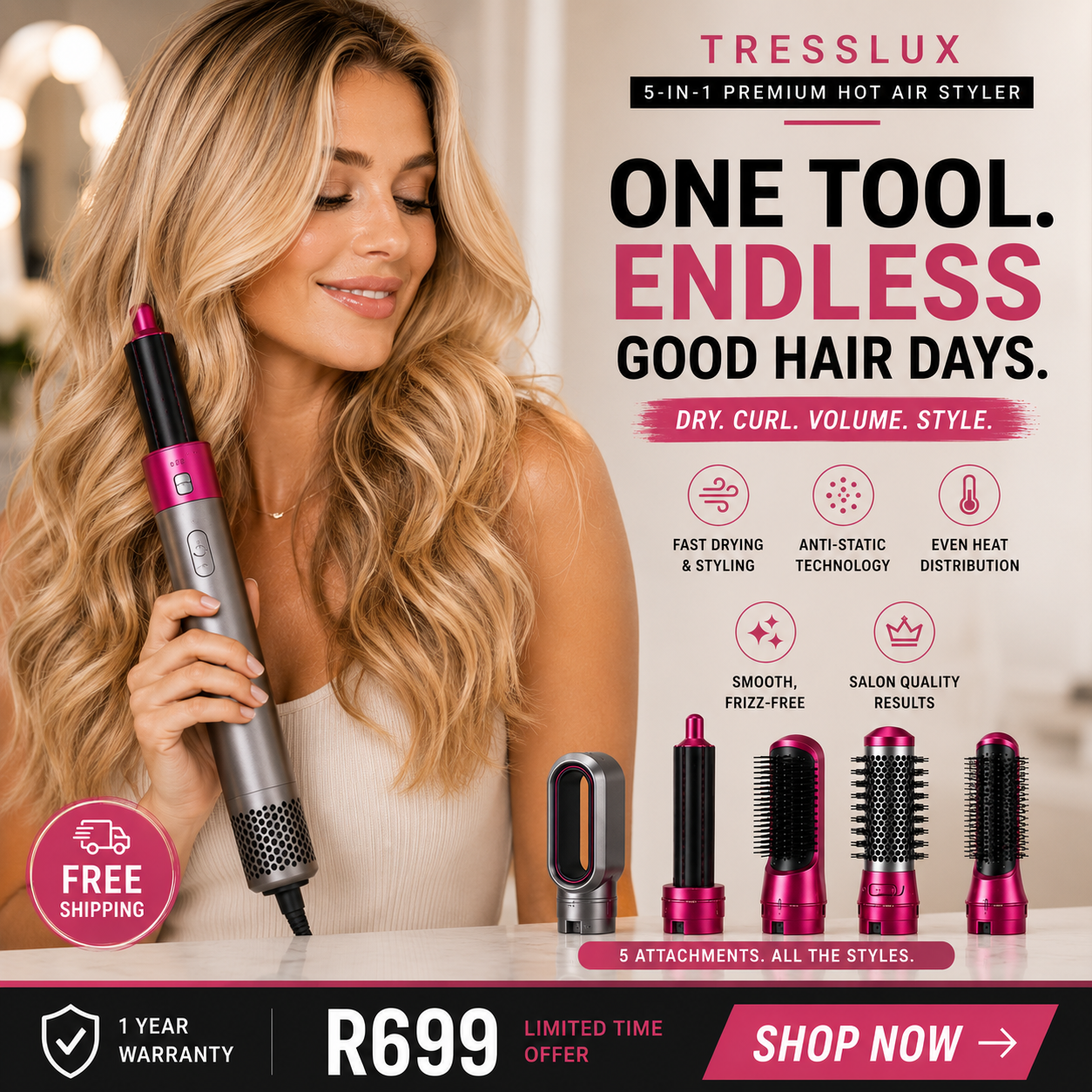 TressLux Facebook ad: One Tool. Every Style.