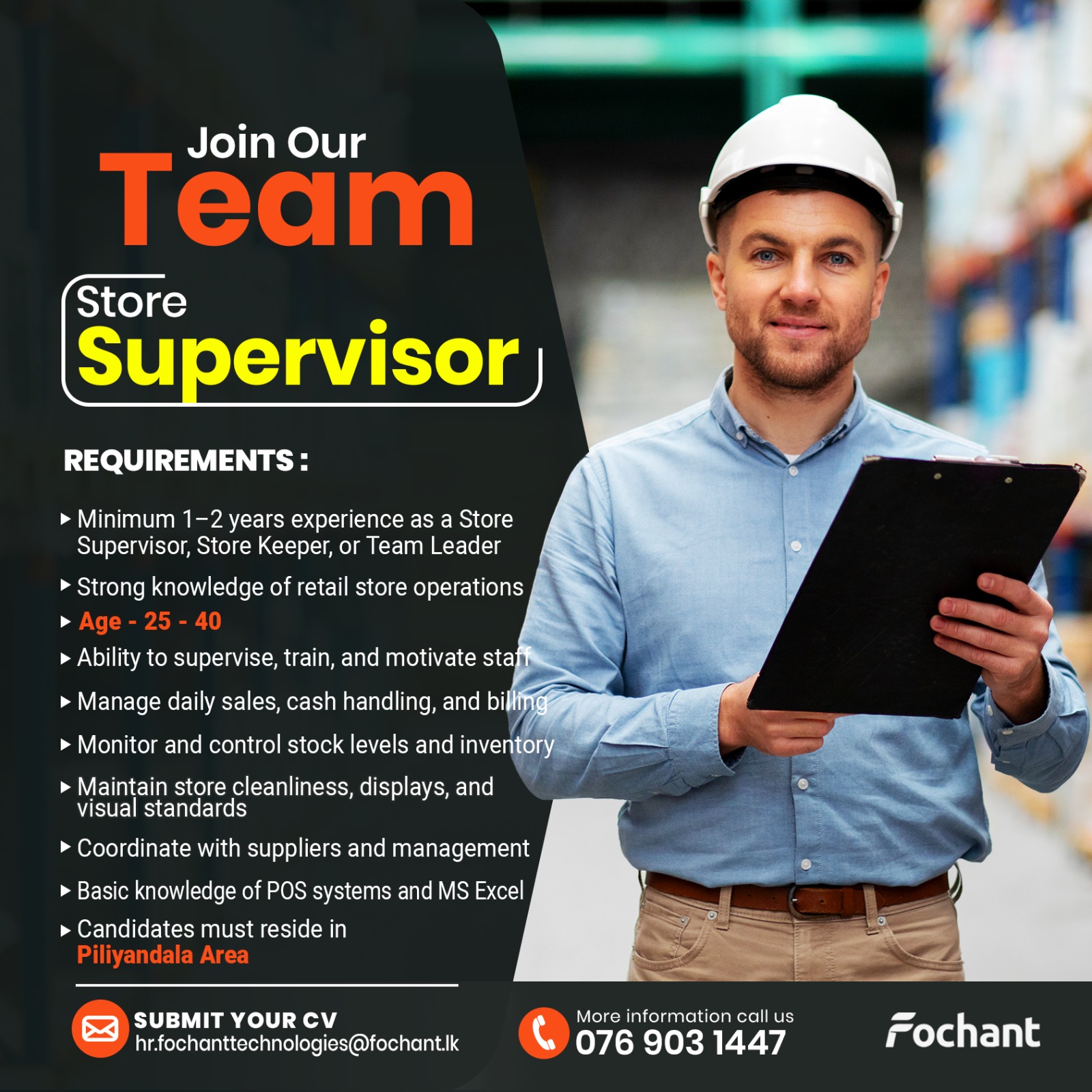 Fochant Facebook ad: Store Supervisor Required, Apply Now