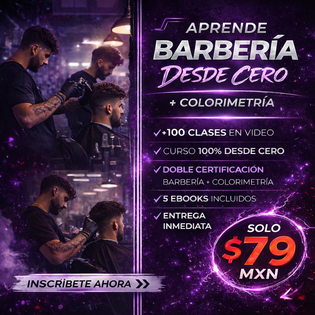 Barber Pro Academy Facebook ad: CURSO DE BARBERÍA DESDE CERO + COLORIMETRÍA