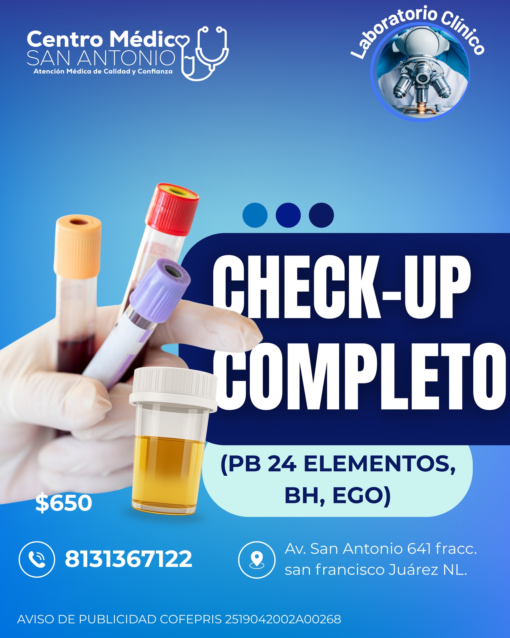 Centro Médico San Antonio Facebook ad: Laboratorio de análisis clínicos!