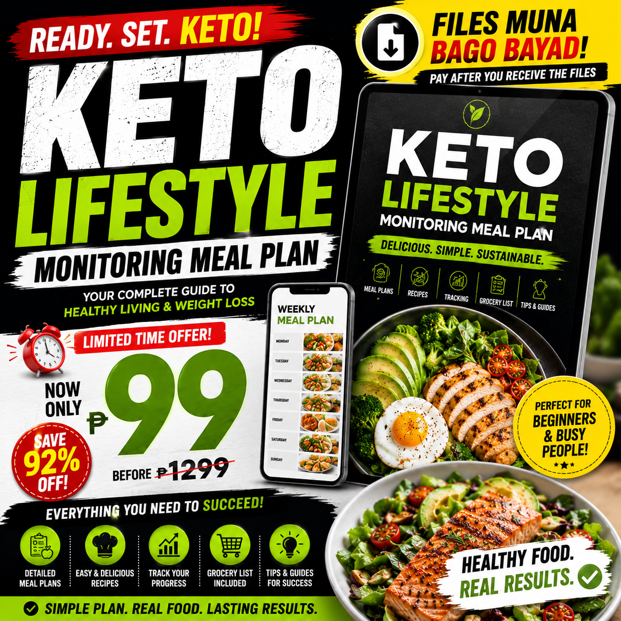 Keto diet meal plan Facebook ad: FROM ₱1299 TO ₱99 NA LANG! SULIT NA SULIT!