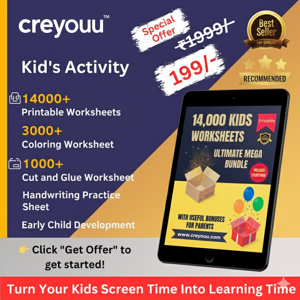 Creyouu Facebook ad: Unlock 14,000+ Worksheets at Rs.199!
